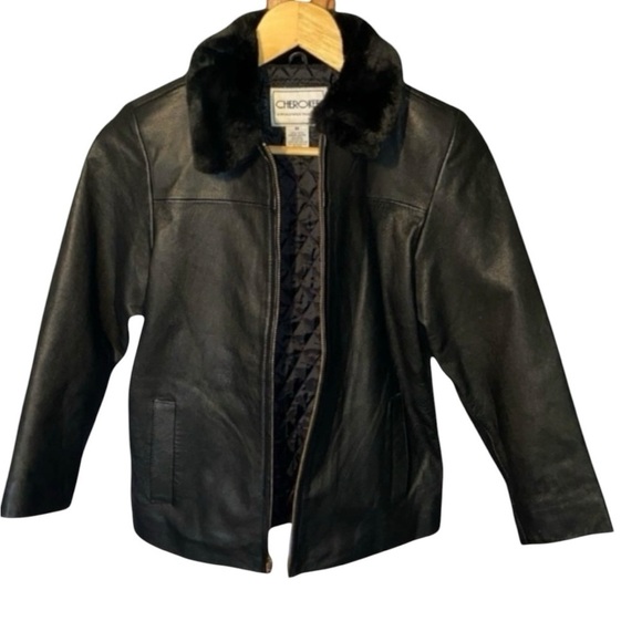 Cherokee Other - Cherokee Girls Medium Genuine Black Leather Jacket with Faux Fur Collar Biker